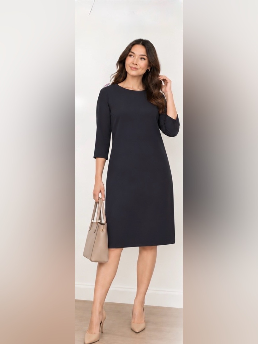 Ann Taylor Petite Navy Shift Dress SP 3/4 Sleeve High Low Hem
